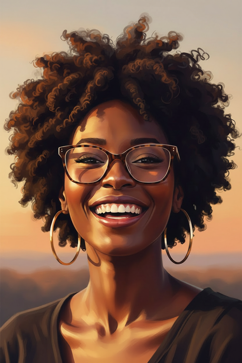 Close-up portrait of a smiling Black woman with voluminous 4c coils, glasses, and gold hoop earrings in warm sunset lighting